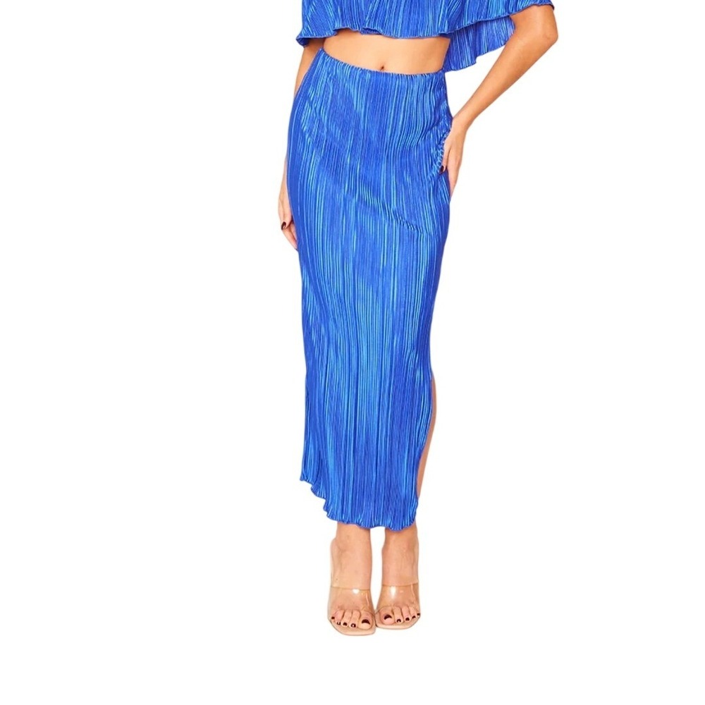 PrettyLittleThing Royal Blue Plisse‎ Pleated Maxi Skirt Side Slit NEW